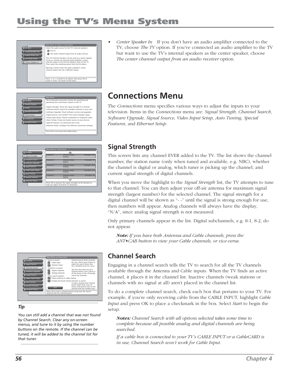 Using the tv’s menu system, Connections menu, Signal strength | Channel search, 56 chapter 4 | RCA HD50LPW52 User Manual | Page 58 / 80