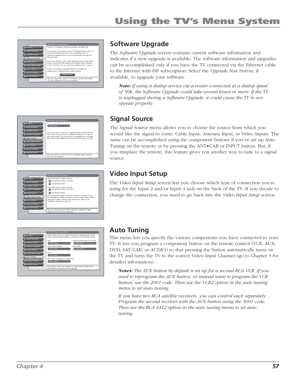 Using the tv’s menu system, Software upgrade, Signal source | Video input setup, Auto tuning, Chapter 4 57 | RCA HD50LPW52 User Manual | Page 59 / 80