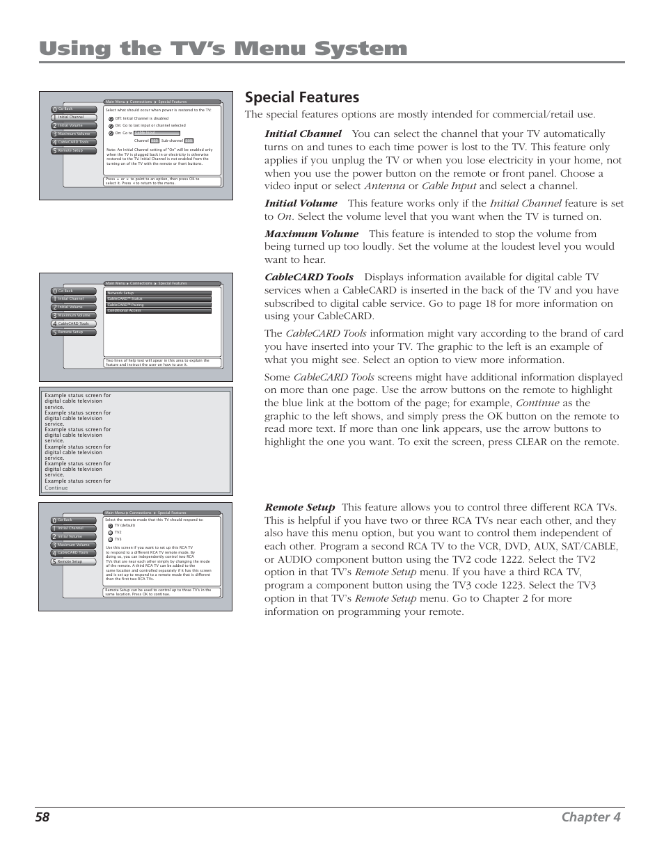 Using the tv’s menu system, Special features, 58 chapter 4 | RCA HD50LPW52 User Manual | Page 60 / 80