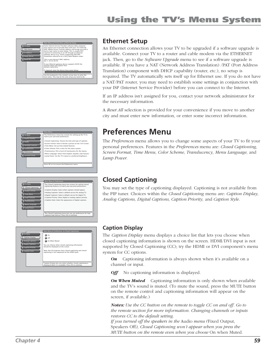 Using the tv’s menu system, Preferences menu, Ethernet setup | Closed captioning, Chapter 4 59, Caption display | RCA HD50LPW52 User Manual | Page 61 / 80