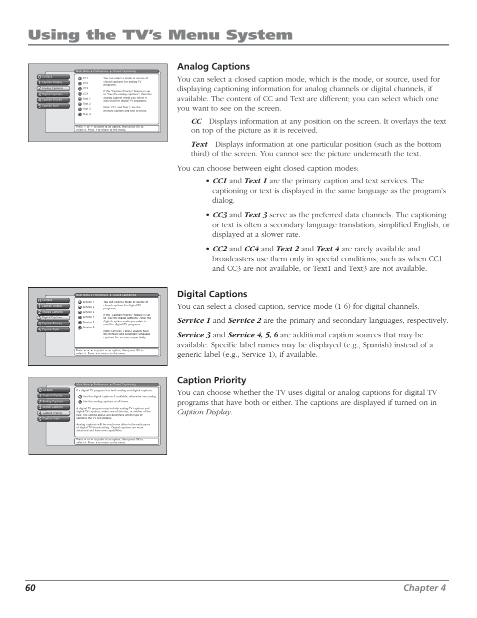 Using the tv’s menu system, 60 chapter 4, Analog captions | Digital captions, Caption priority | RCA HD50LPW52 User Manual | Page 62 / 80