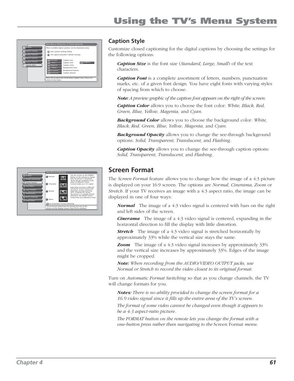 Using the tv’s menu system, Screen format, Chapter 4 61 | Caption style | RCA HD50LPW52 User Manual | Page 63 / 80