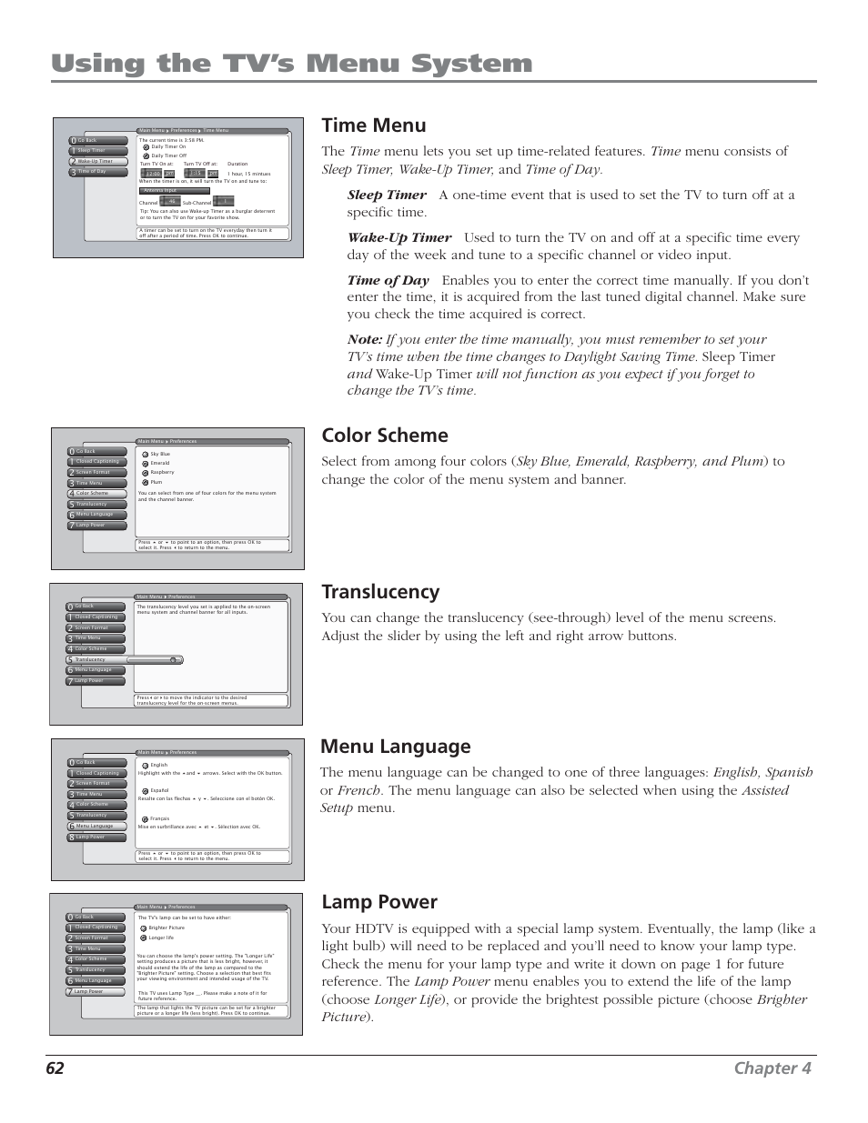 Using the tv’s menu system, Time menu, Color scheme | Translucency, Menu language, Lamp power, 62 chapter 4 | RCA HD50LPW52 User Manual | Page 64 / 80