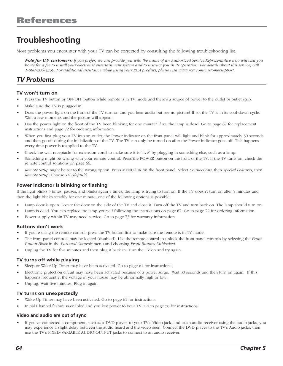 References, Troubleshooting, Tv problems | RCA HD50LPW52 User Manual | Page 66 / 80