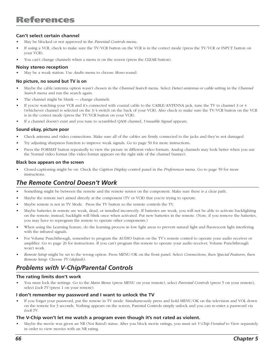 References, The remote control doesn’t work, Problems with v-chip/parental controls | RCA HD50LPW52 User Manual | Page 68 / 80