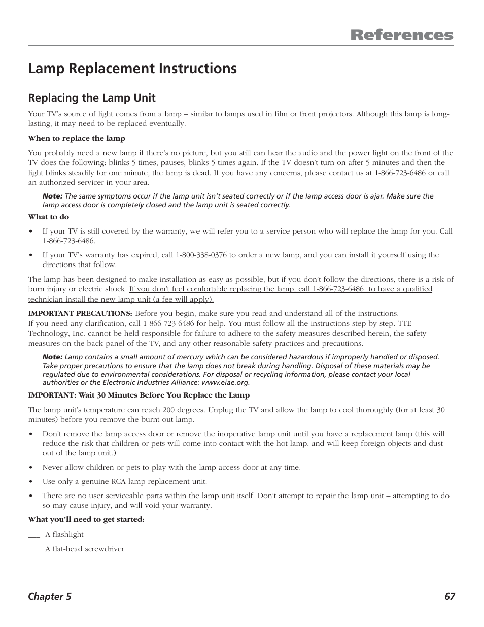References, Lamp replacement instructions, Replacing the lamp unit | RCA HD50LPW52 User Manual | Page 69 / 80