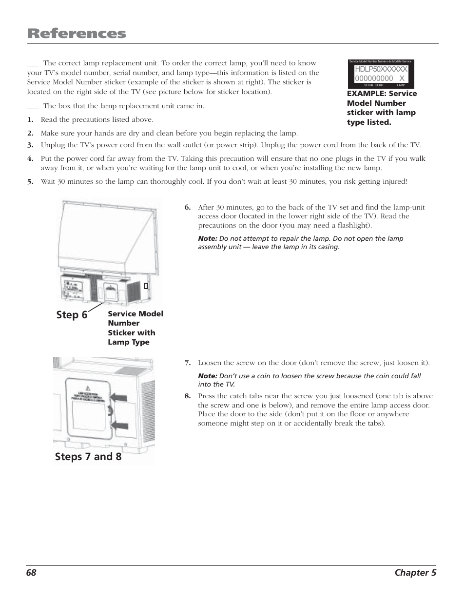 References, Steps 7 and 8 step 6 | RCA HD50LPW52 User Manual | Page 70 / 80