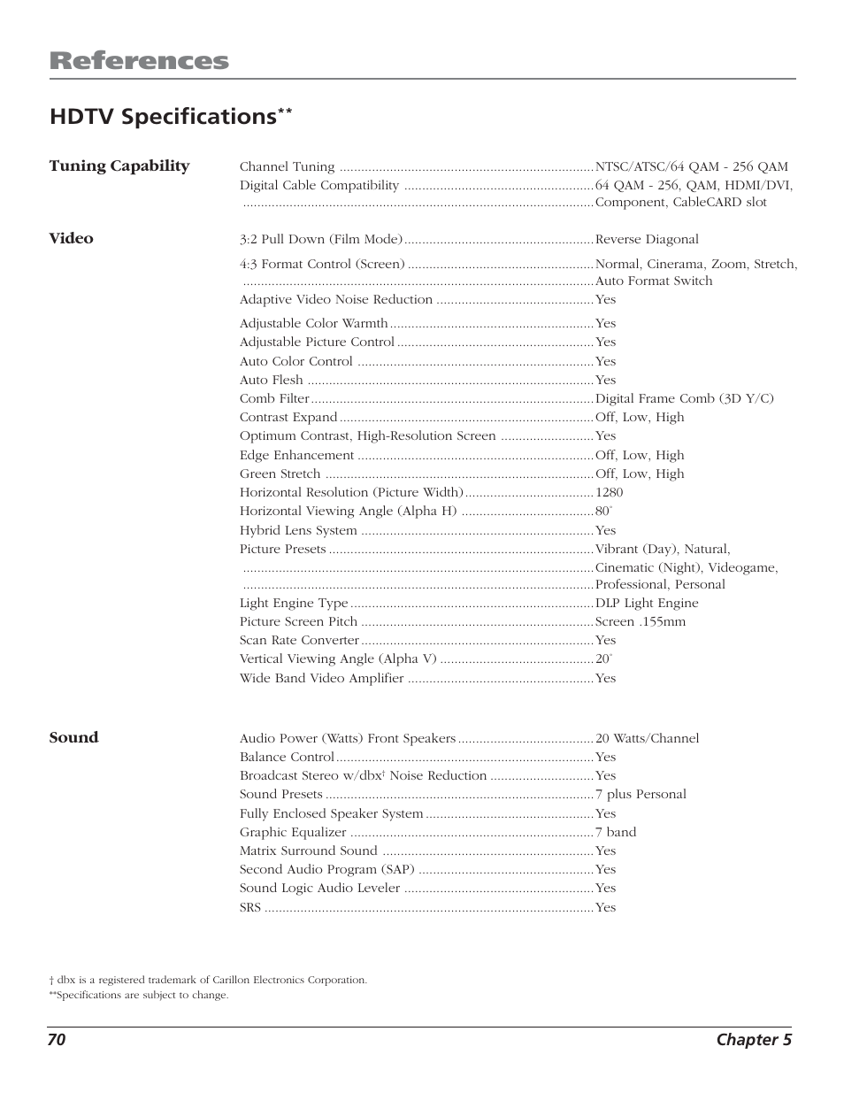 References, Hdtv specifications | RCA HD50LPW52 User Manual | Page 72 / 80