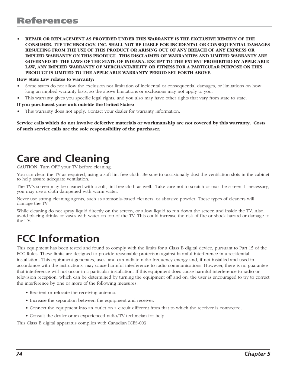 Care and cleaning, Fcc information, References | RCA HD50LPW52 User Manual | Page 76 / 80