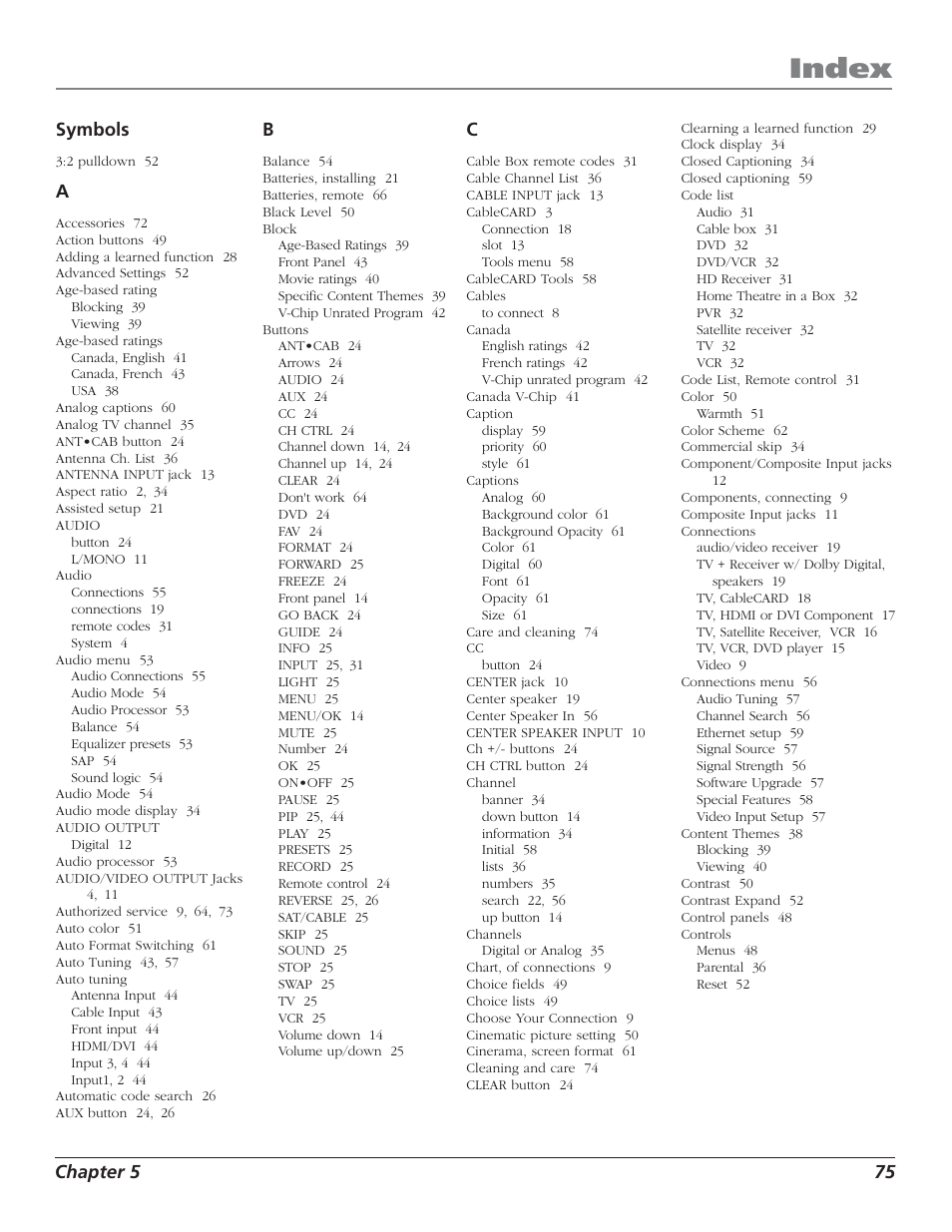 Index | RCA HD50LPW52 User Manual | Page 77 / 80