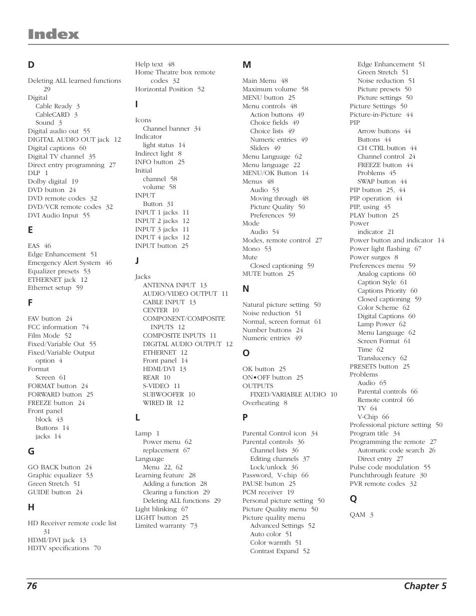 Index | RCA HD50LPW52 User Manual | Page 78 / 80