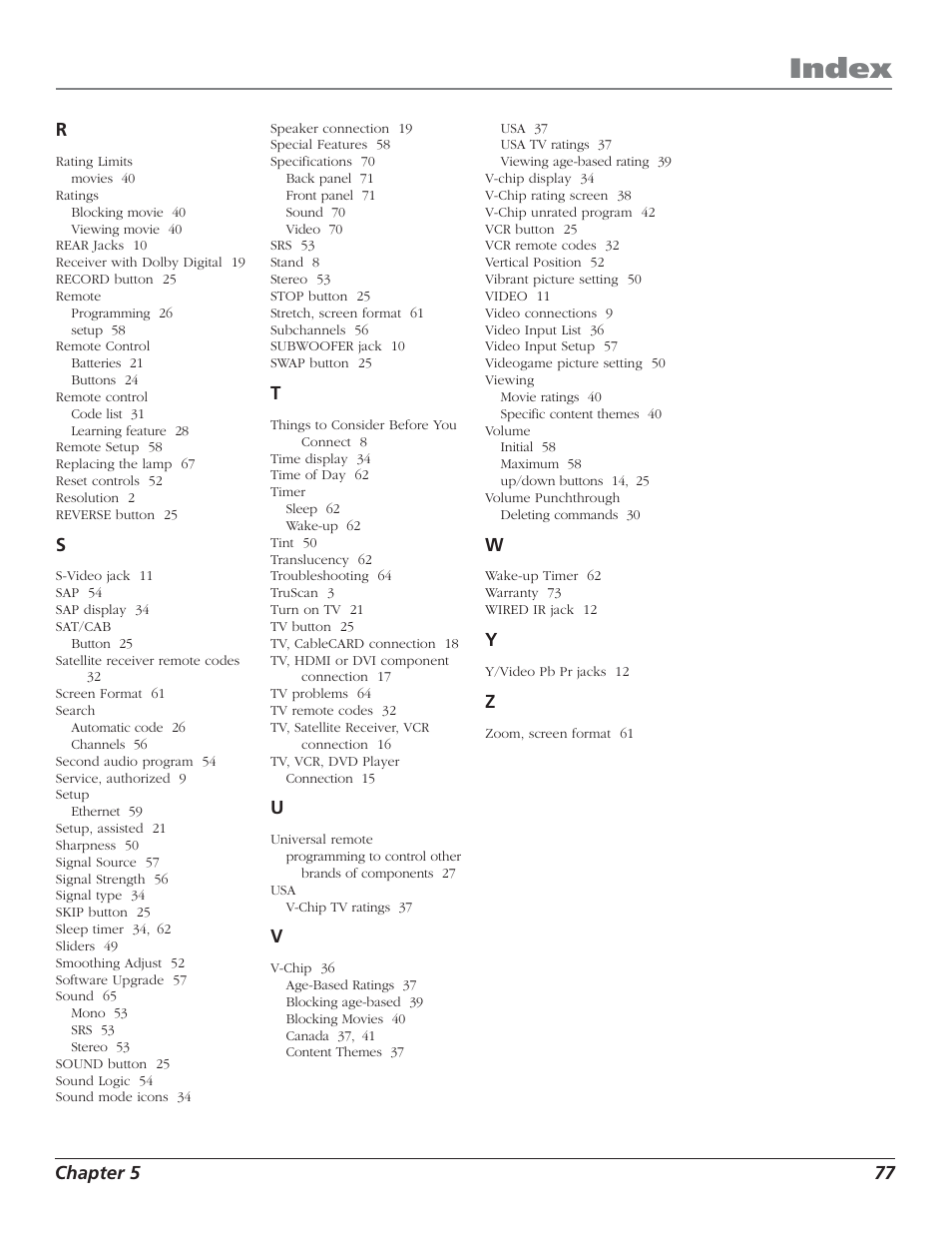 Index | RCA HD50LPW52 User Manual | Page 79 / 80