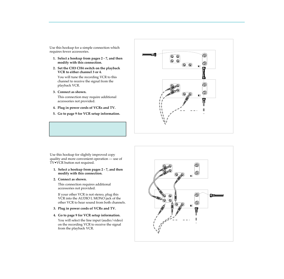 Connecting two vcrs for copying tapes, Basic hookup, Advanced hookup | Hooking up the vcr, Playback vcr, Recording vcr, Or use the previously selected hookup to the tv, Playback vcr recording vcr | RCA PSVR65 User Manual | Page 10 / 60