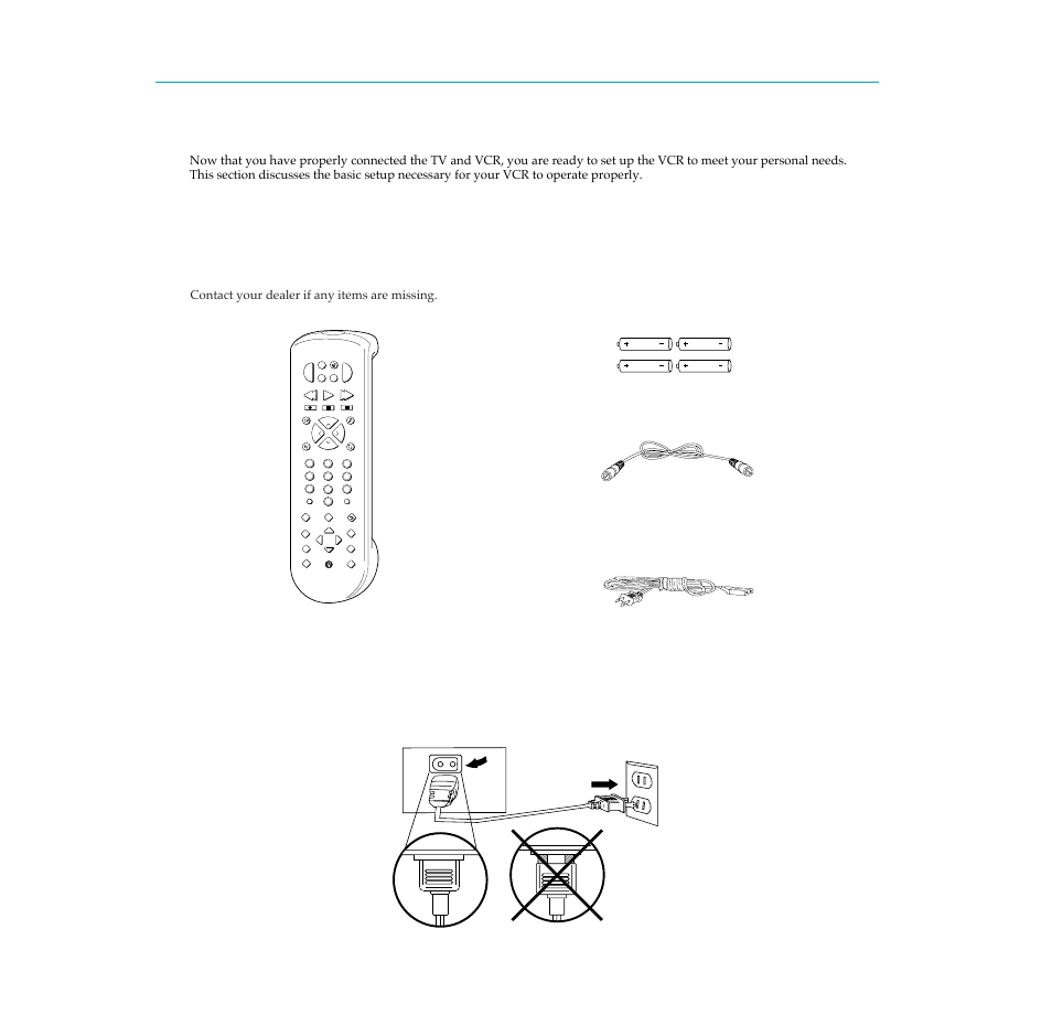 Setting up the vcr, Startup, Check accessories with vcr | Attach power cord to back of vcr, 9setting up the vcr, Contact your dealer if any items are missing | RCA PSVR65 User Manual | Page 11 / 60