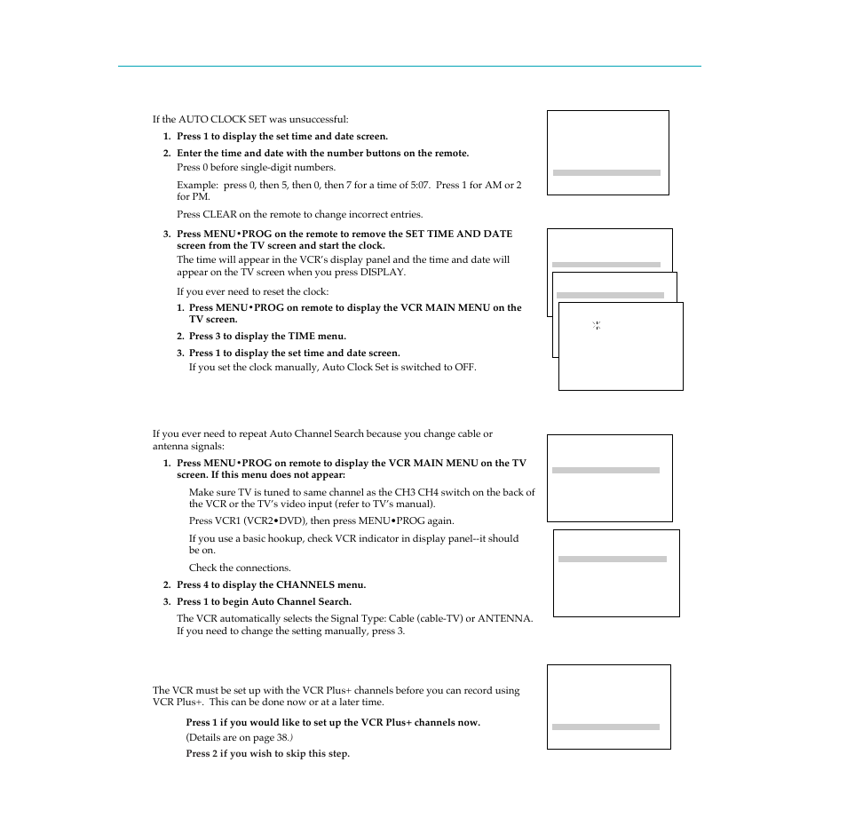 Use setup menu to auto channel search, Set up vcr plus+ channels, Use setup menu to auto clock set | 15 setting up the vcr | RCA PSVR65 User Manual | Page 17 / 60