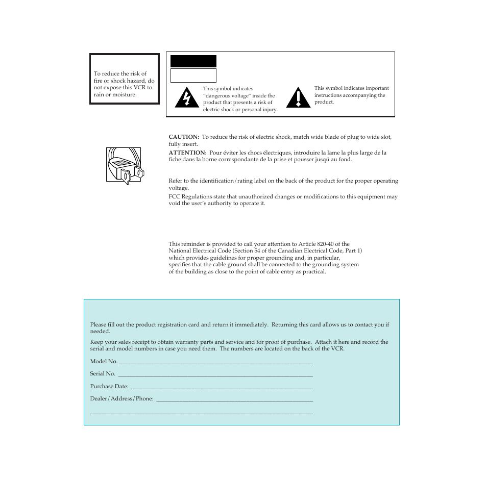 Important information, Warning, Product registration | RCA PSVR65 User Manual | Page 2 / 60