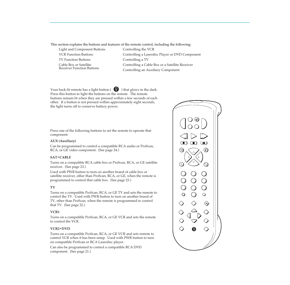 Using the remote control, Light button, Component buttons | 18 using the remote control | RCA PSVR65 User Manual | Page 20 / 60