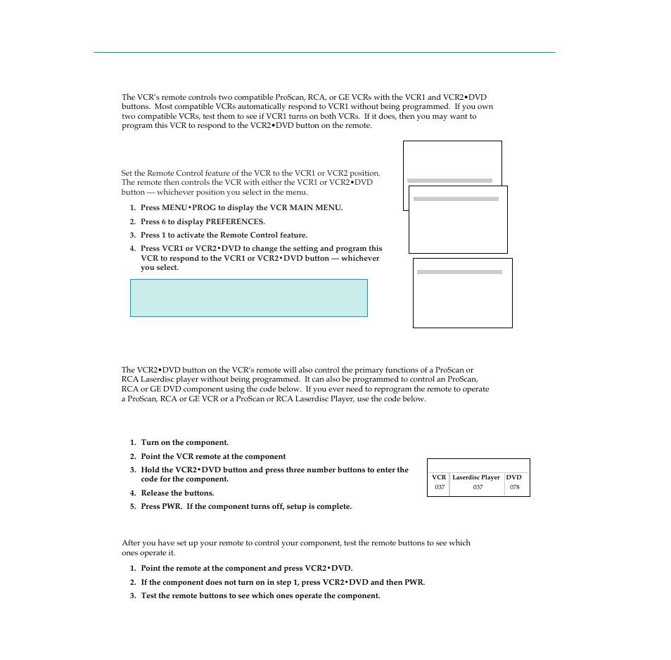 Controlling the vcr, Controlling a laserdisc player or dvd component, Program the vcr for remote control | Program the remote control, Operate the component | RCA PSVR65 User Manual | Page 23 / 60