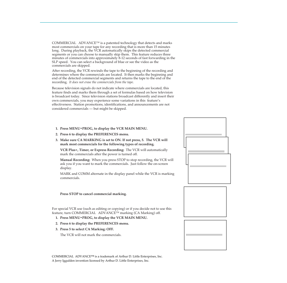 Playback and recording feature, Commercialaadvance™ feature, Commercial | Advance™ feature, Commerical a advance™ marking | RCA PSVR65 User Manual | Page 35 / 60