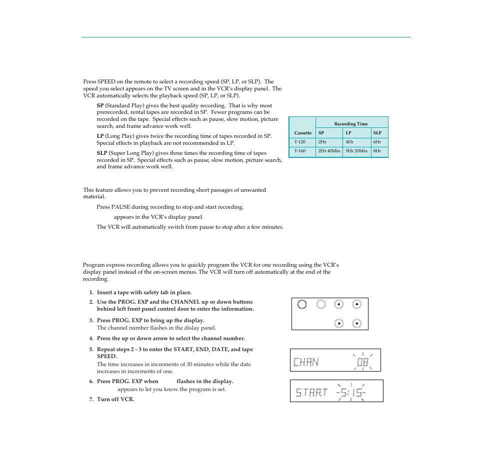 Recording features, Program express recording (vcr’s display panel), Recording speeds | Recording pause | RCA PSVR65 User Manual | Page 38 / 60