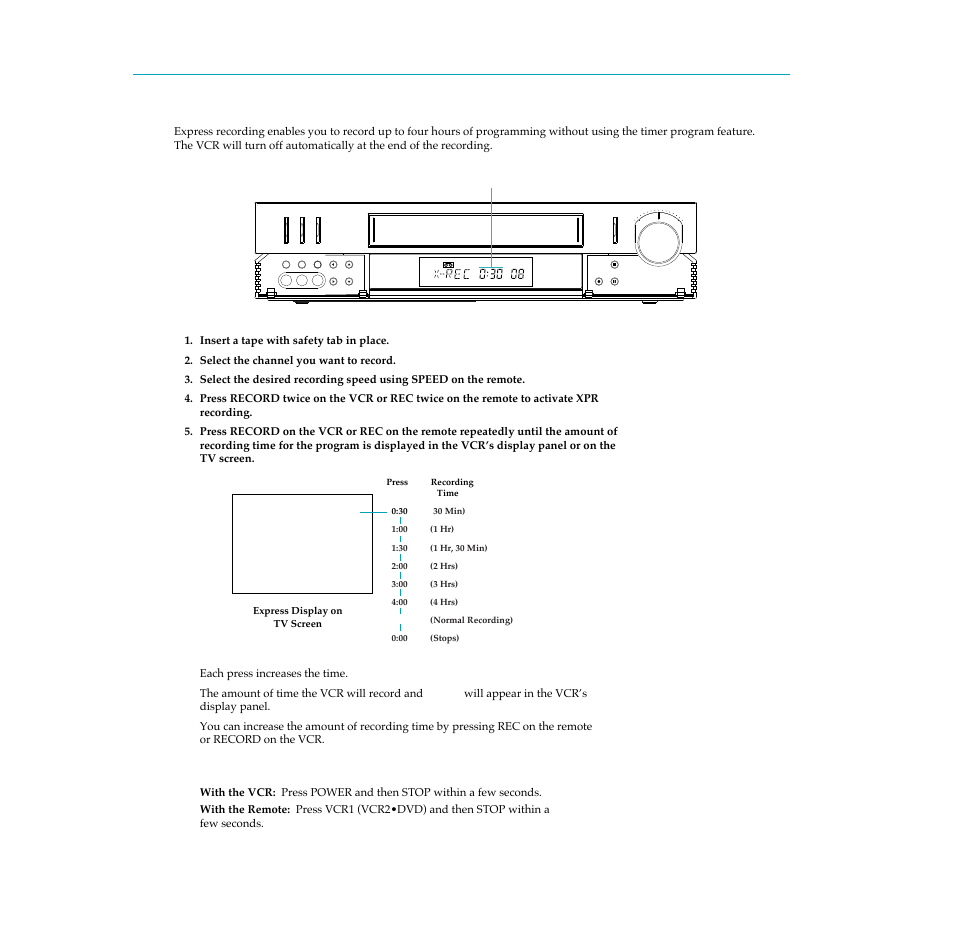 Express recording (xpr), Stopping a recording in progress, 37 express recording (xpr) | RCA PSVR65 User Manual | Page 39 / 60