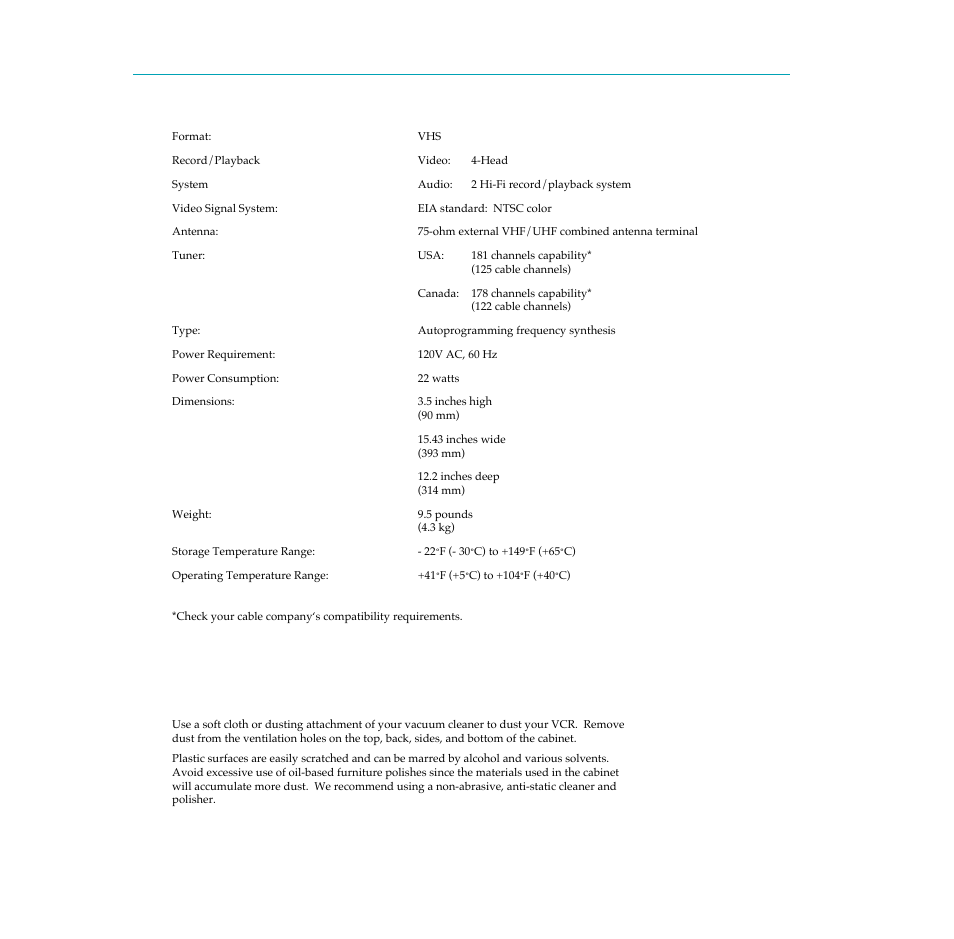 Specifications, Cleaning the vcr | RCA PSVR65 User Manual | Page 53 / 60
