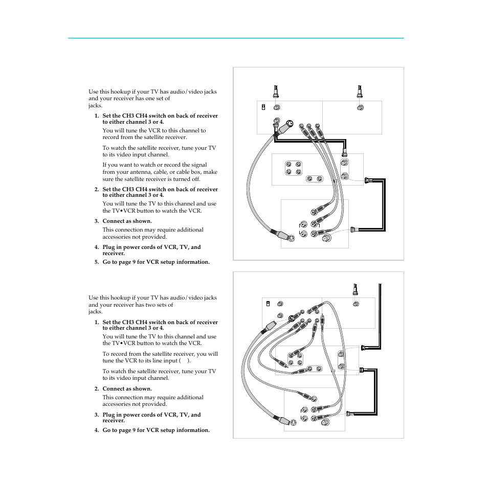 Digital satellite receiver, Advanced hookup with basic receiver, Advanced hookup with deluxe receiver | Rca satellite receiver, Back of tv, Back of vcr back of satellite receiver | RCA PSVR65 User Manual | Page 9 / 60