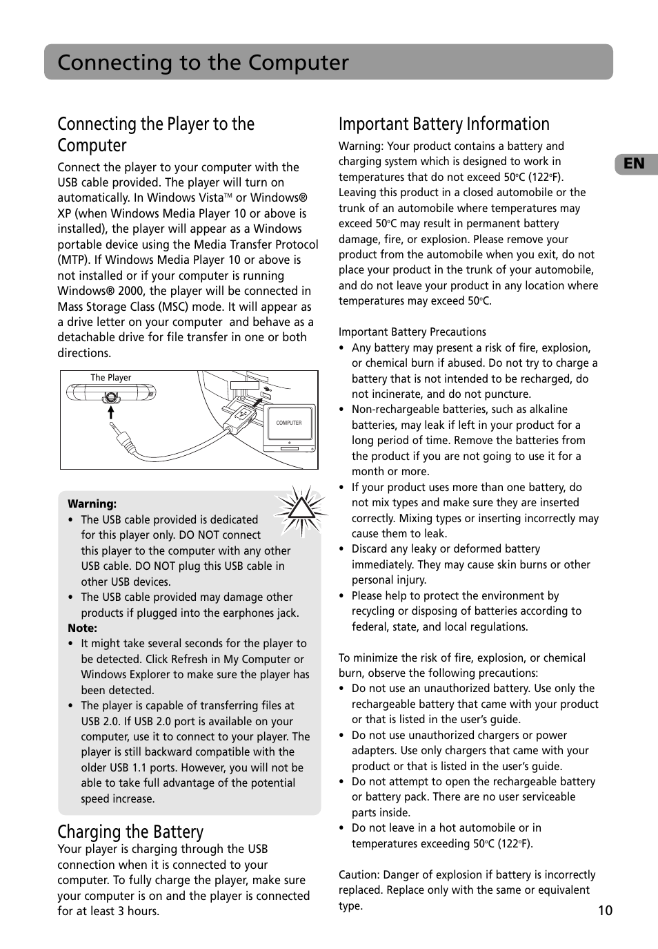 Connecting to the computer, Connecting the player to the computer, Charging the battery | Important battery information | RCA MC4002BL User Manual | Page 11 / 30