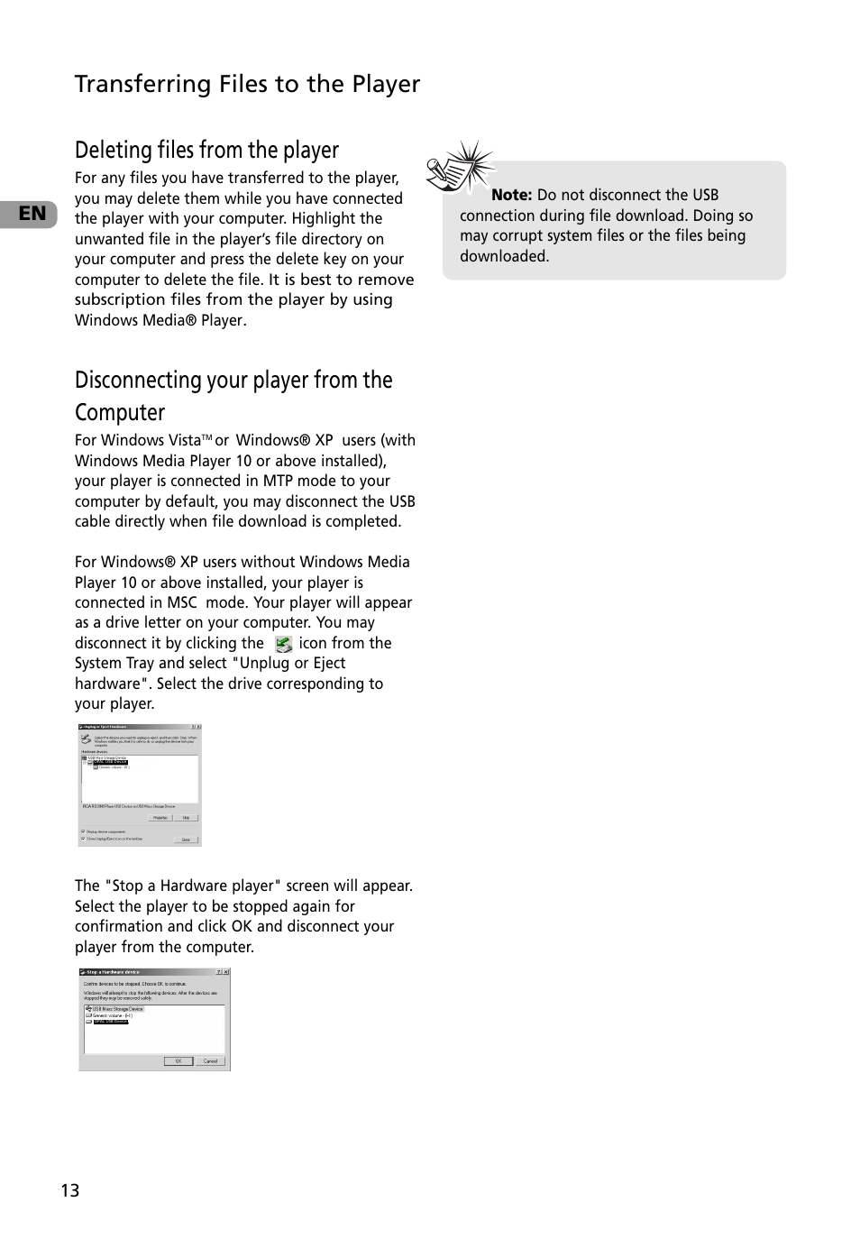 Disconnecting your player from the computer, Deleting files from the player, Transferring files to the player | RCA MC4002BL User Manual | Page 14 / 30