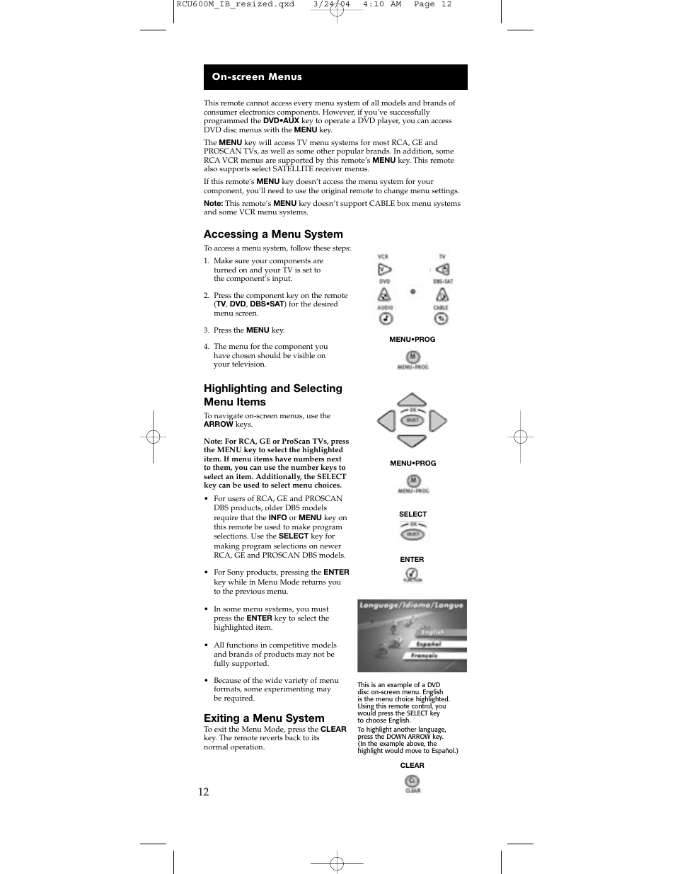 Accessing a menu system, Highlighting and selecting menu items, Exiting a menu system | RCA RCU600M User Manual | Page 12 / 16