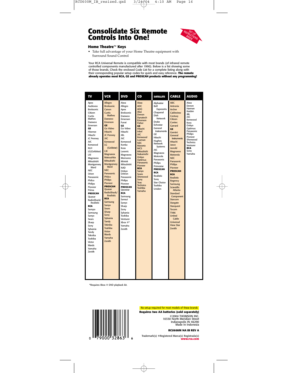 Consolidate six remote controls into one, Home theatre ™ keys | RCA RCU600M User Manual | Page 16 / 16