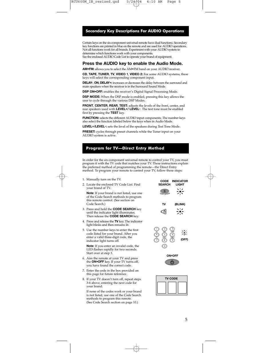 Press the audio key to enable the audio mode | RCA RCU600M User Manual | Page 5 / 16