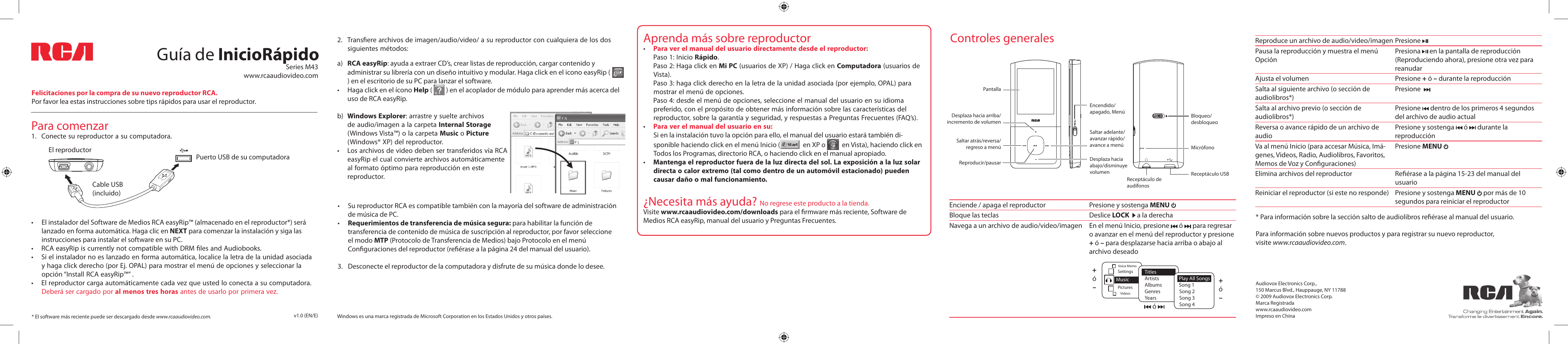 Guía de iniciorápido, Para comenzar, Controles generales | Aprenda más sobre reproductor, Necesita más ayuda | RCA M43 SERIES User Manual | Page 2 / 2
