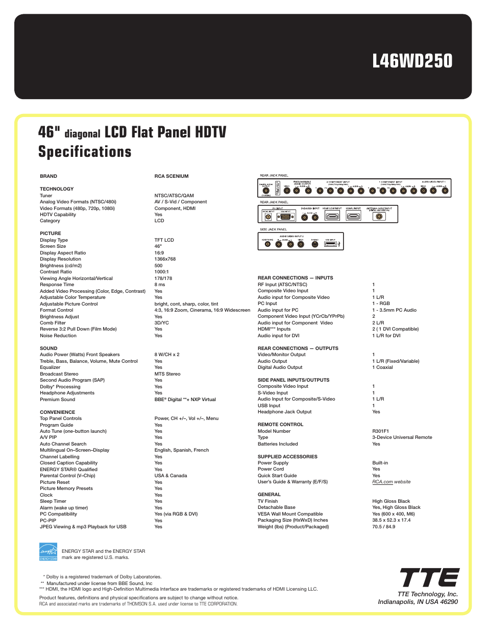 Lcd flat panel hdtv specifications, Diagonal | RCA L46WD250 User Manual | Page 2 / 2