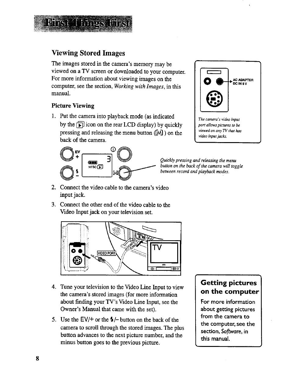 Viewing stored images, Picture viewing, Getting pictures on the computer | RCA CDS 1000 User Manual | Page 10 / 34