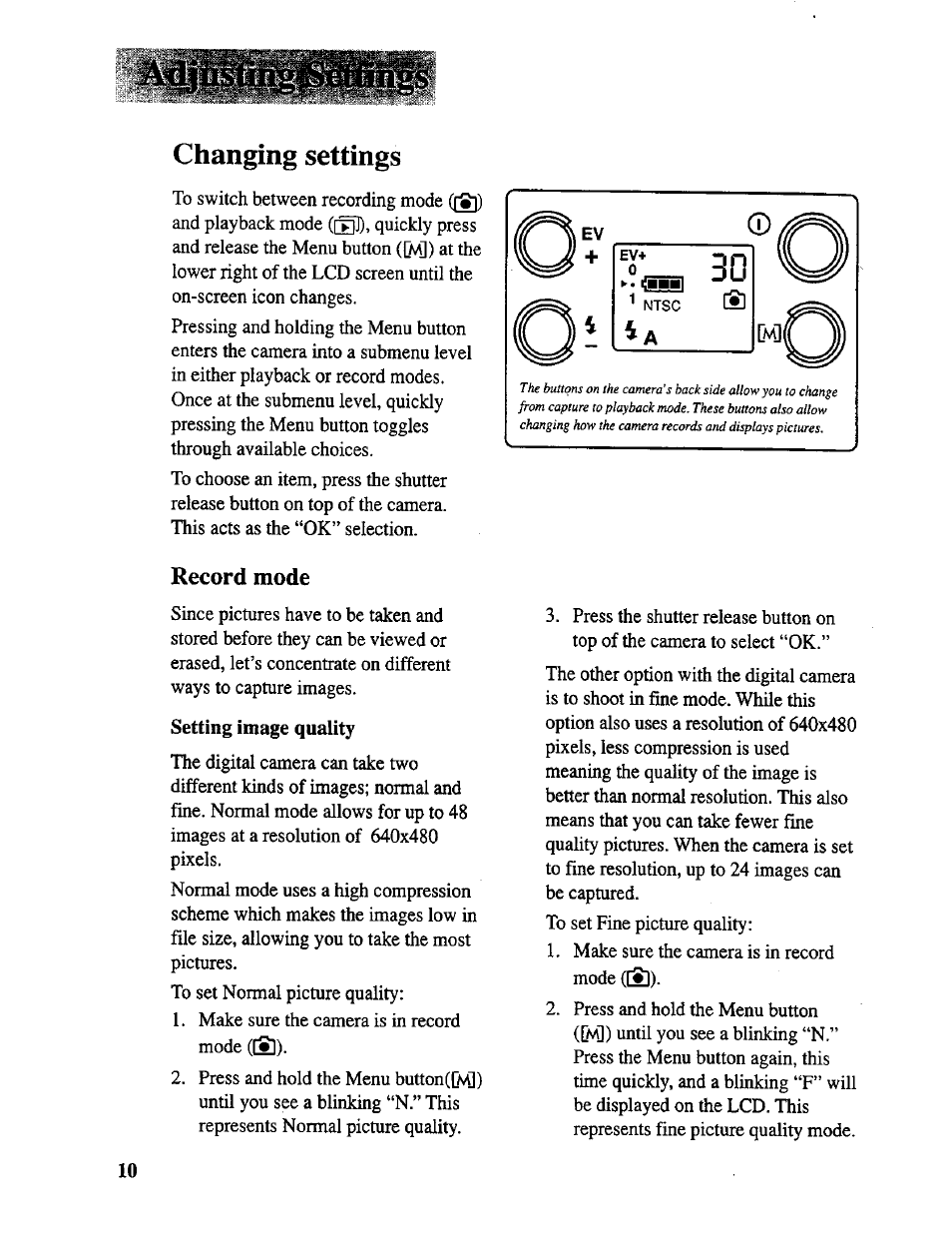 Changing settings, Record mode, Setting image quality | RCA CDS 1000 User Manual | Page 12 / 34