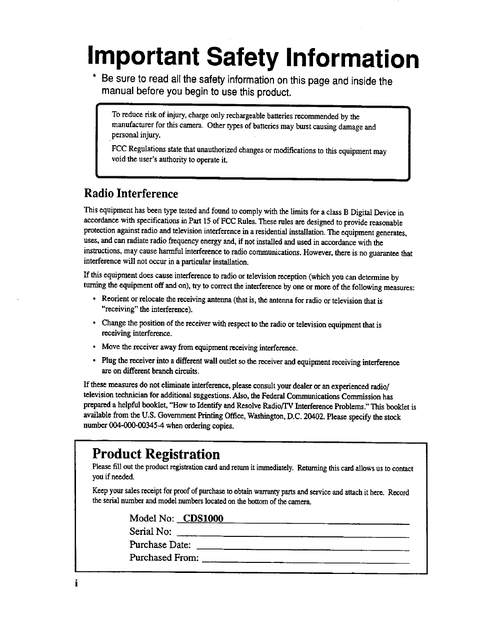 Radio interference, Product registration, Important safety information | RCA CDS 1000 User Manual | Page 2 / 34