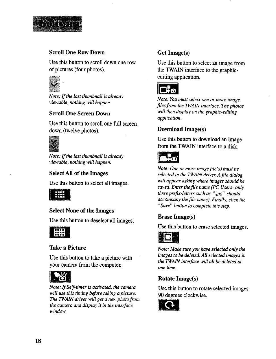 Scroll one row down, Scroll one screen down, Select all of the images | Select none of the images, Take a picture, Get image(s), Download image(s), Erase image(s), Rotate image(s) | RCA CDS 1000 User Manual | Page 20 / 34