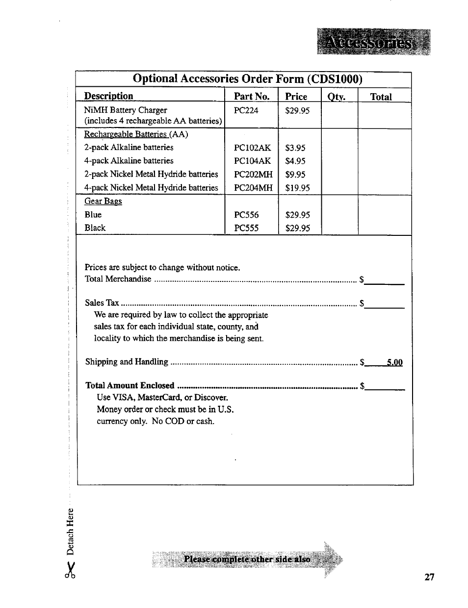 Optional accessories order forra (cdsiooo), Optional accessories, Order form (cdsiooo) | Description part no. price otv. total | RCA CDS 1000 User Manual | Page 29 / 34