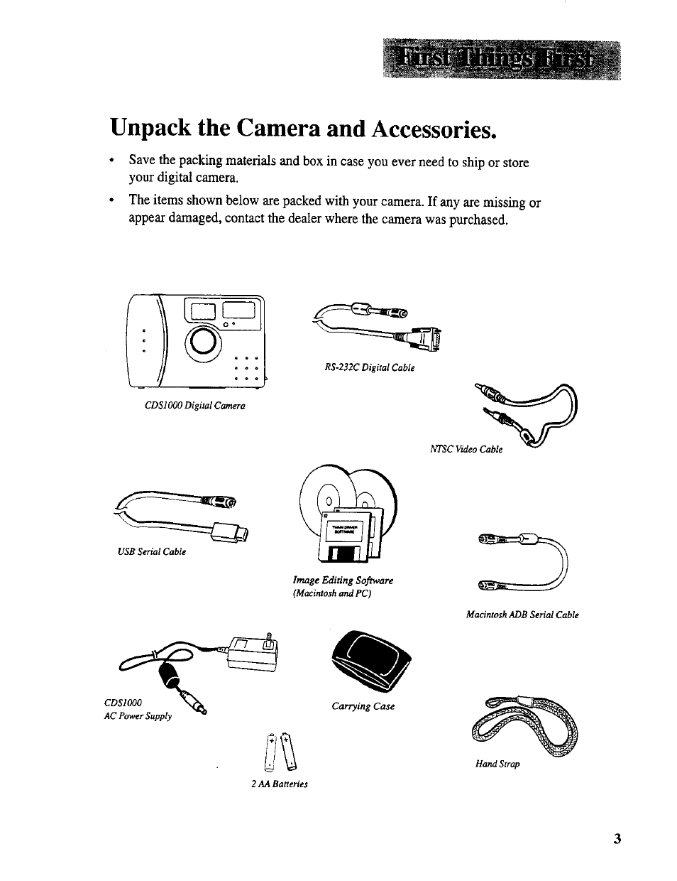 Unpack the camera and accessories | RCA CDS 1000 User Manual | Page 5 / 34