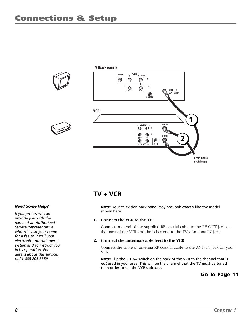 Tv + vcr, Connections, Connecting | Connections & setup, 8chapter 1, Go to page 11, Vc r tv | RCA VR651HF User Manual | Page 10 / 60