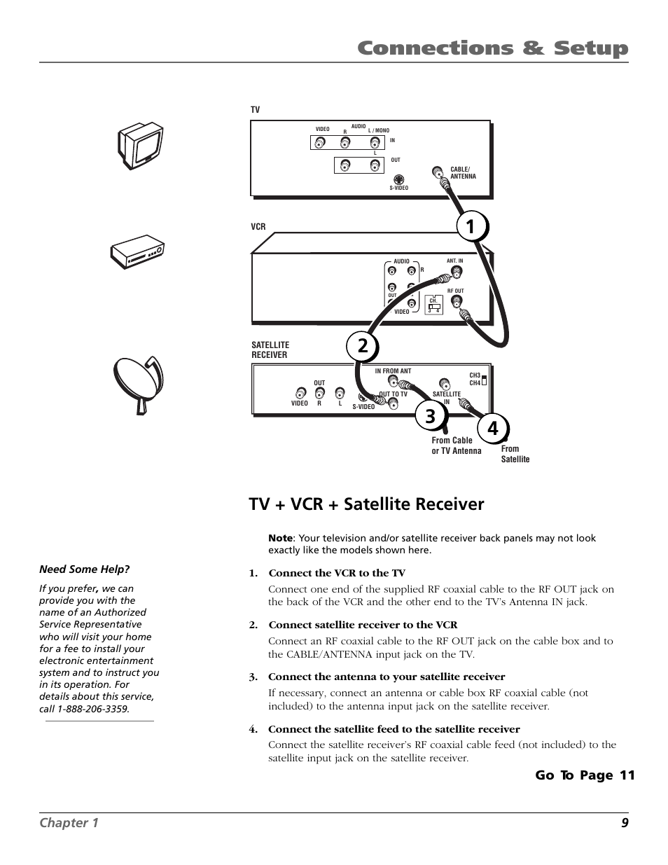 Tv + vcr + satellite receiver, Connections & setup, Satellite | Chapter 1 9, Go to page 11, Vc r tv | RCA VR651HF User Manual | Page 11 / 60