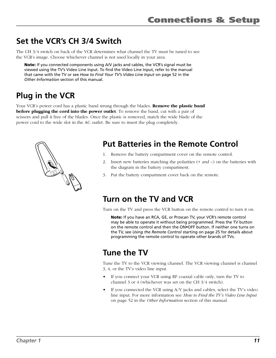 Set the vcr’s ch 3/4 switch, Plug in the vcr, Put batteries in the remote control | Turn on the tv and vcr, Tune the tv, Batteries (remote control), Remote, batteries, Vcr viewing channel, Connections & setup | RCA VR651HF User Manual | Page 13 / 60