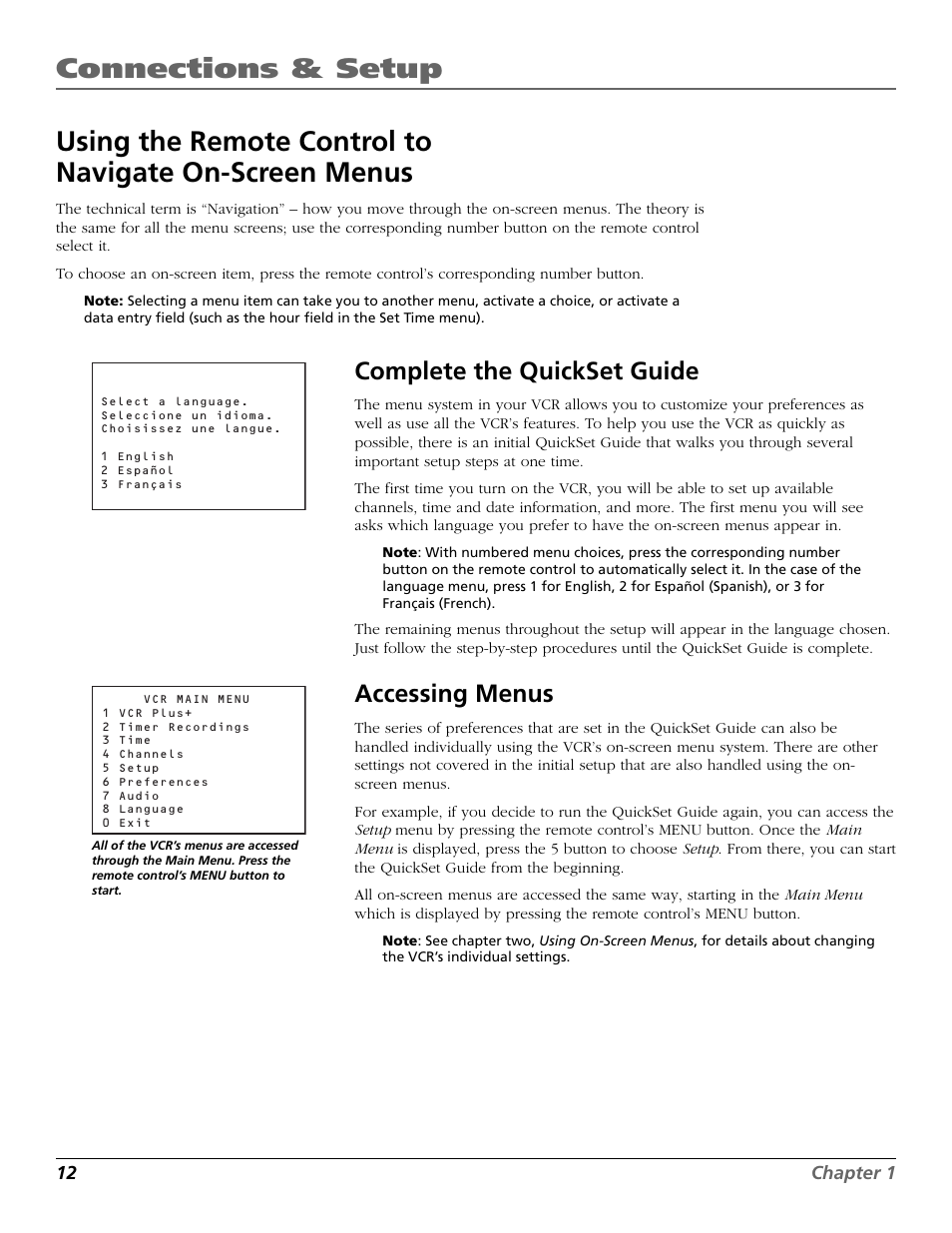 Complete the quickset guide, Accessing menus, Complete the quickset guide accessing menus | Connections & setup | RCA VR651HF User Manual | Page 14 / 60