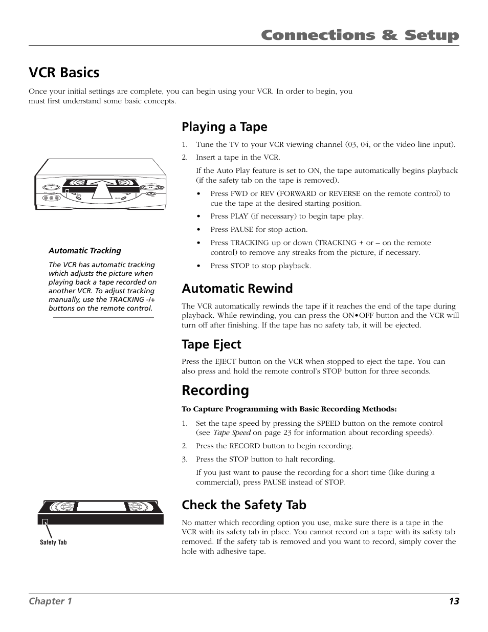 Vcr basics, Playing a tape, Automatic rewind | Tape eject, Recording, Check the safety tab, Auto play feature, Automatic tracking, Basic recording, Eject button | RCA VR651HF User Manual | Page 15 / 60