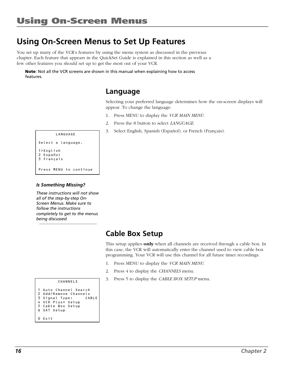 Using on-screen menus to set up features, Language, Cable box setup | Channels menu, Language menu, Menu button, Quickset guide, Cable box, Language feature, Using menu system | RCA VR651HF User Manual | Page 18 / 60