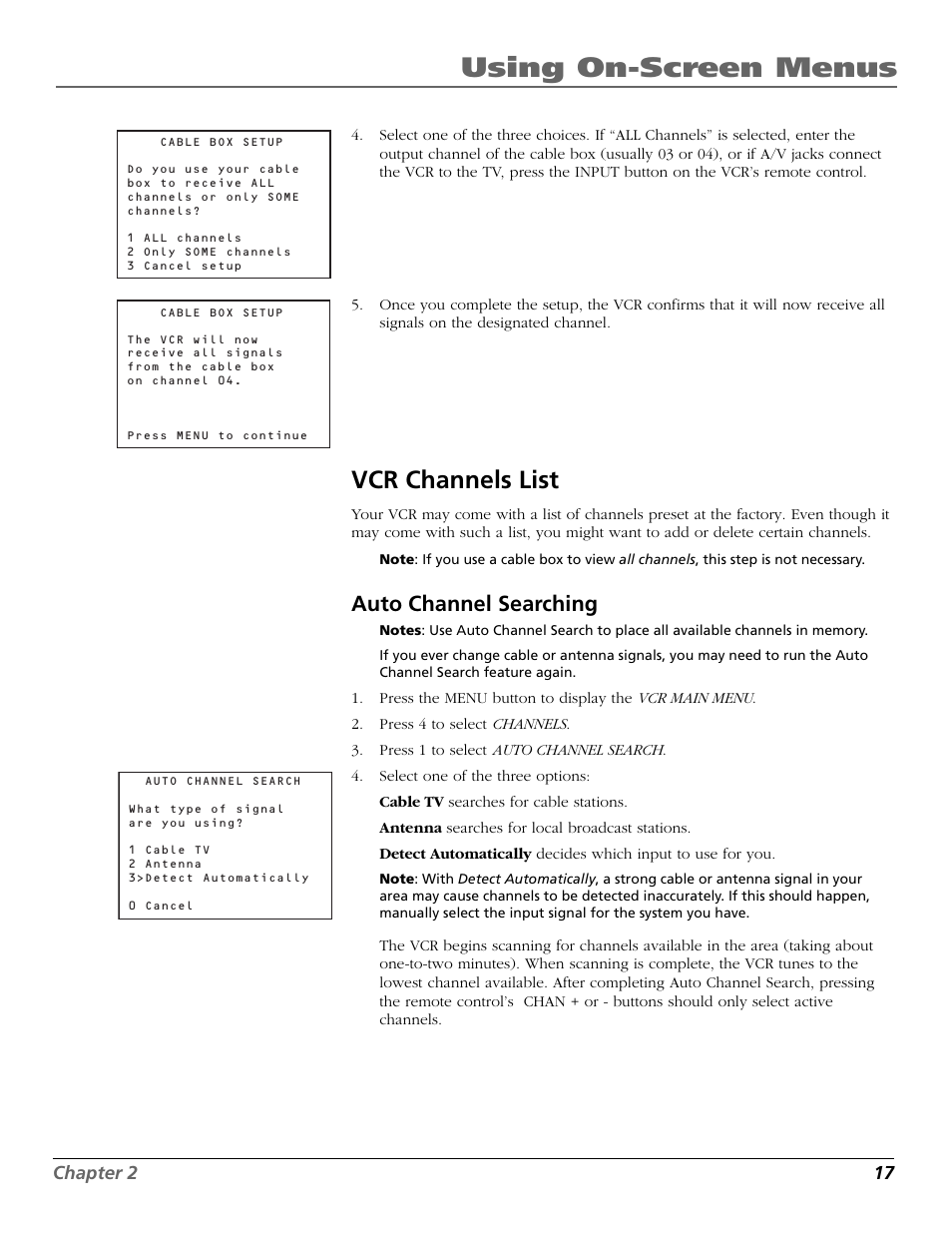 Vcr channels list, Auto channel searching, Audio/video (a/v) jacks | Auto channel search, Channel buttons, Using on-screen menus | RCA VR651HF User Manual | Page 19 / 60