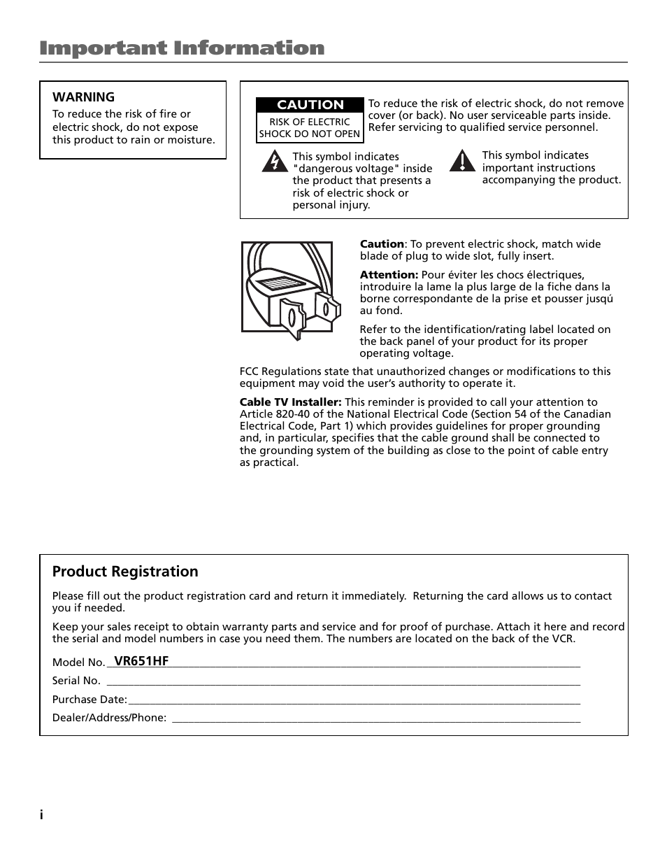 Important information, Product registration | RCA VR651HF User Manual | Page 2 / 60