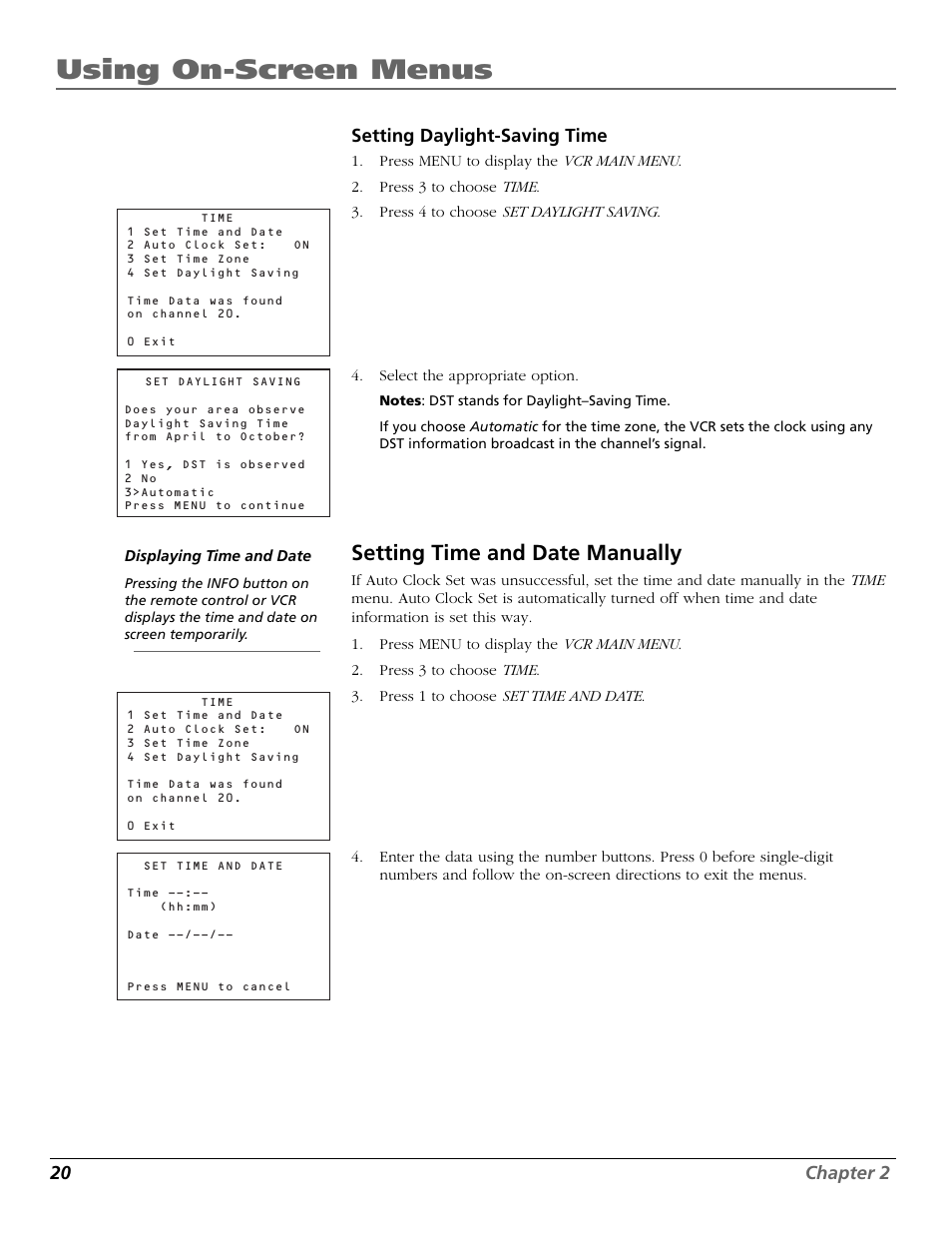 Setting daylight-saving time, Setting time and date manually, Number buttons | Daylight-saving, Using on-screen menus, 20 chapter 2 | RCA VR651HF User Manual | Page 22 / 60