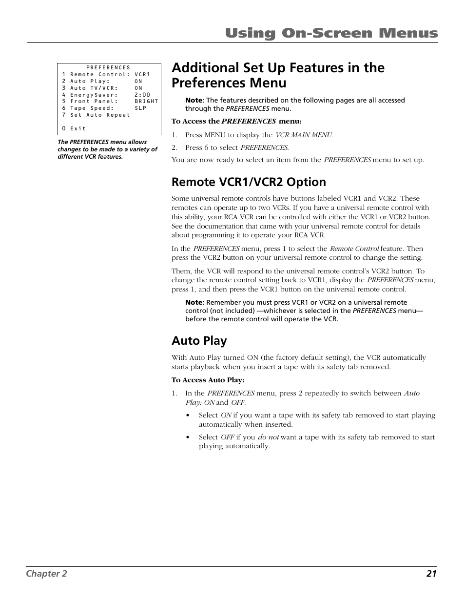 Additional set up features in the preferences menu, Remote vcr1/vcr2 option, Auto play | Preferences menu, Auto play feature, Remote vcr1/vcr2 option auto play | RCA VR651HF User Manual | Page 23 / 60